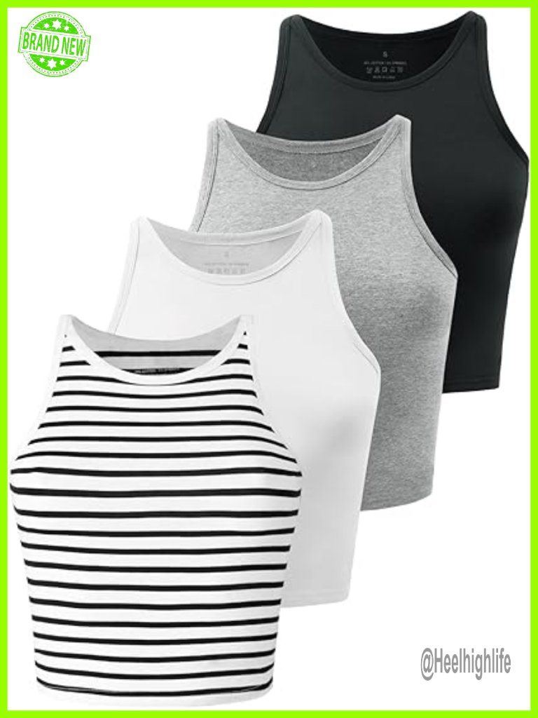 Cotton & Spandex Workout Crop Tank Tops High Neck Camisole Yoga Shirts 4 Pack